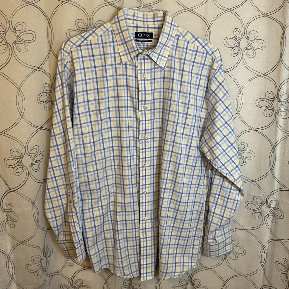 Men's Chaps Yellow /Blue Check Long Sleeve Button Up Size Large (32/33)